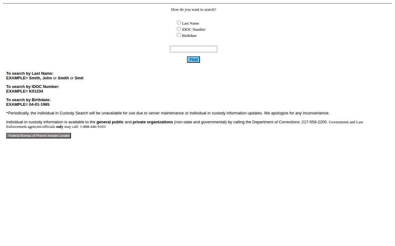 Illinois IDOC offender search choices and public result fields