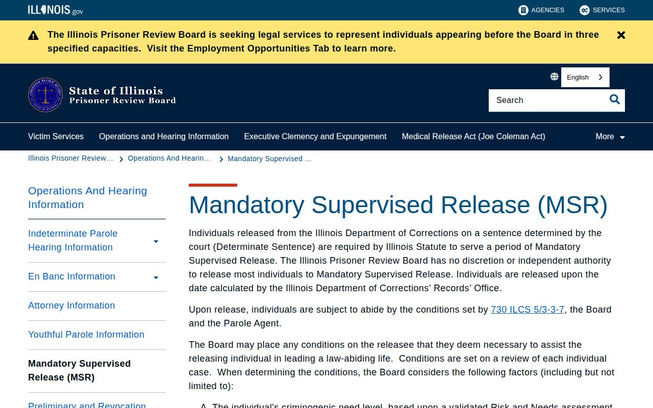 Illinois River Correctional Center mandatory supervised release information